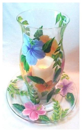 

Hand Painted Hurricane and Matching Plate with Multi Color Hibiscus Flowers