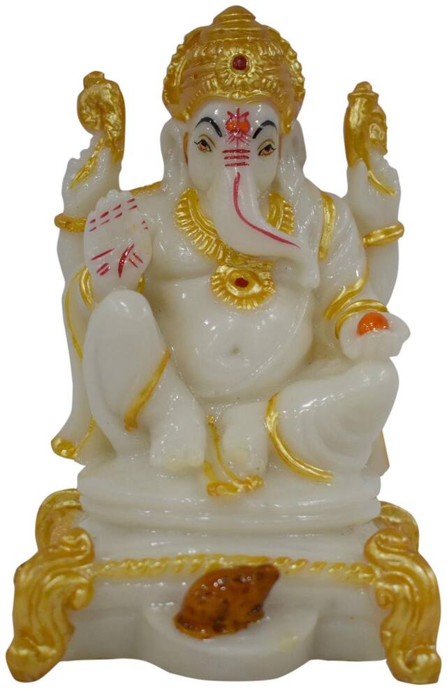 Handcrafted White Golden Ganesha On Golden Marble Chowki : Actual Product Dimensions ( 5.75 x 3.5 ) : Sold By Gallery99