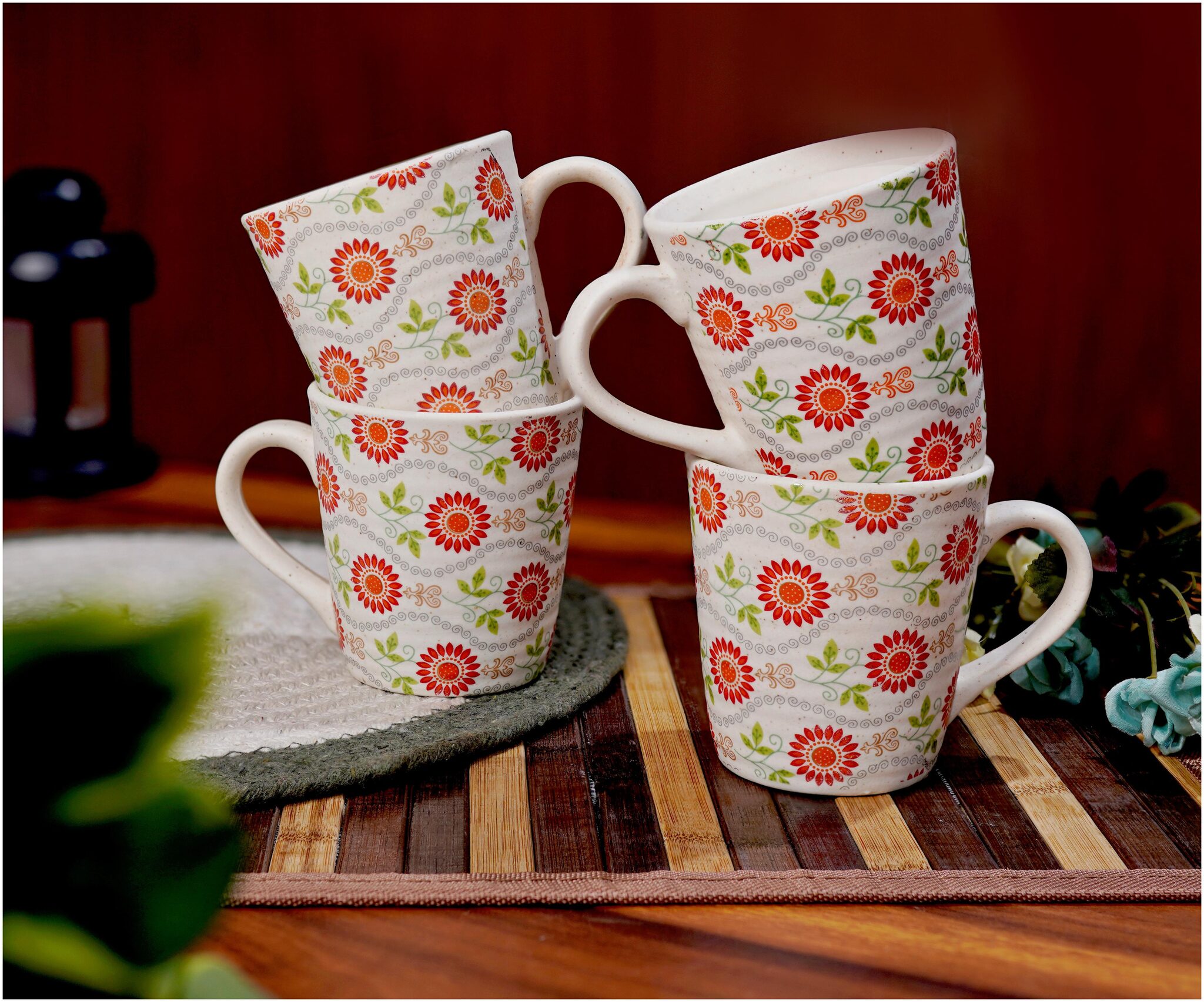 

Tashveen Articles Ceramic Coffee Mug Set of 4 (White Matte and Orange Printed 300 ML) Tea Cups Milk Mugs