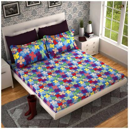 Handloom Villa Cotton 3D Printed Double Size Bedsheet 104 TC ( 1 Bedsheet With 2 Pillow Covers , Multi )