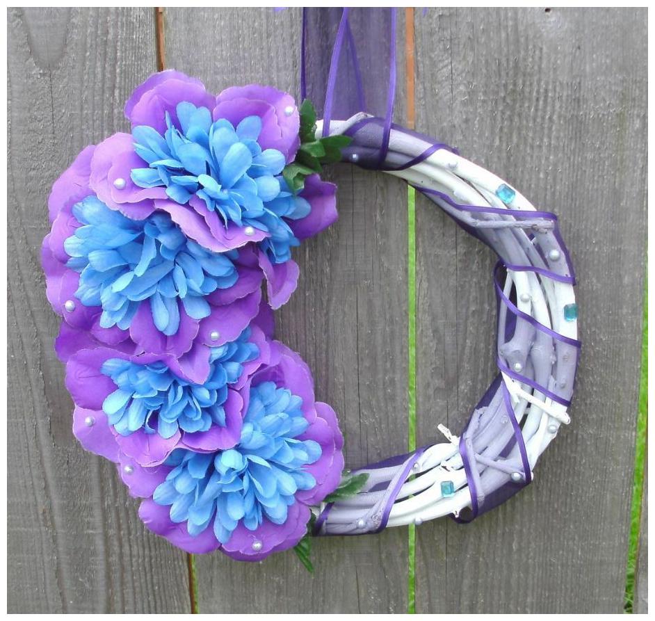 

Handmade White Blue Purple Floral Grapevine Wreath Small Asymmetrical 11
