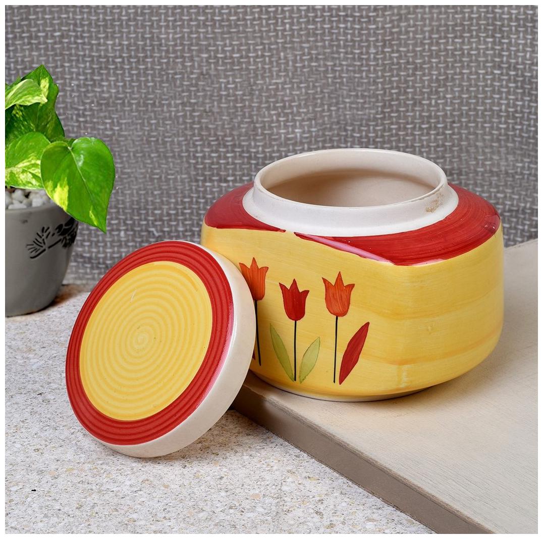 

Handpainted Ceramic Pickle Jars kitchen containers ( Yellow and Red )