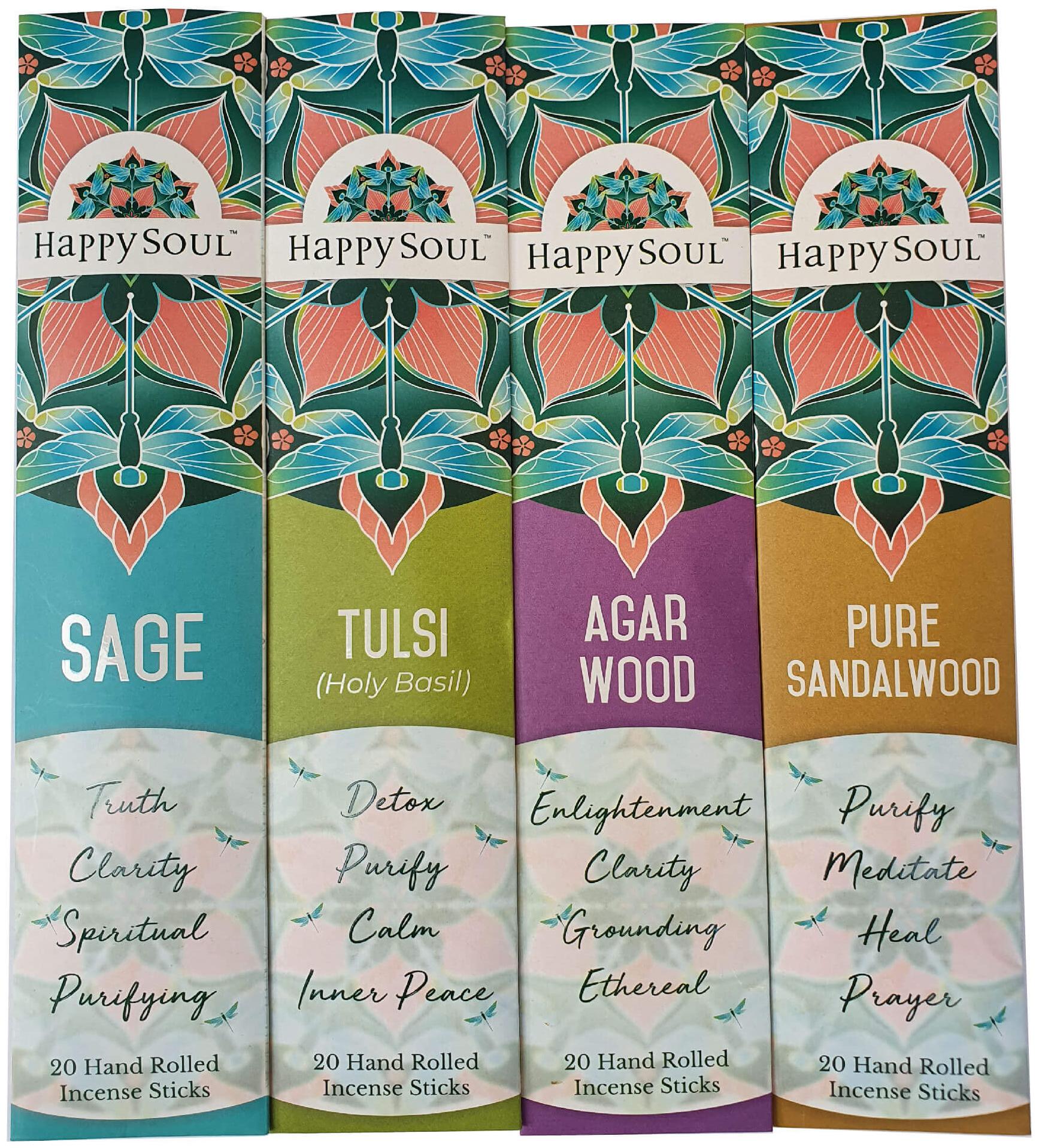 

Happy Soul Prayer Spirituality INCENSE Series - Sage Tulsi Agar Wood Pure Sandalwood Incense Sticks - Pack of 4 (20X4 80 incense sticks) 100 Natural