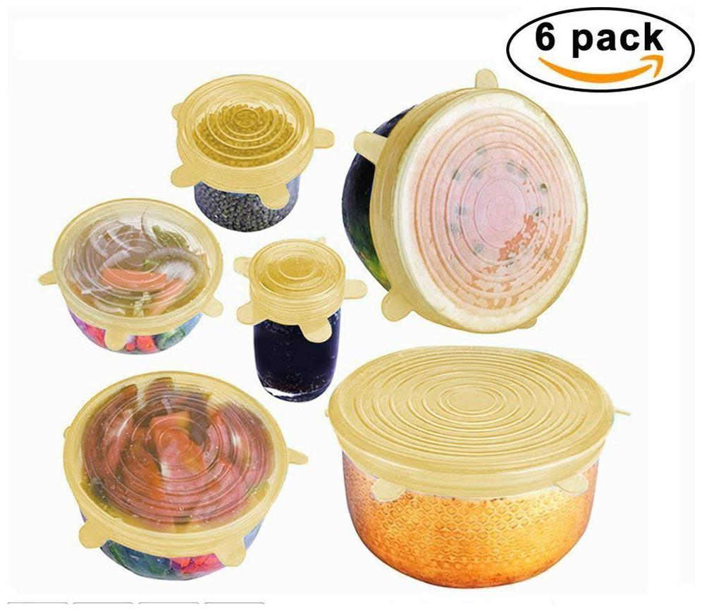 

Happy2Buy Silicone Freezable Stretchable Food Fresh Saver Microwave Dishwasher Safe Covers for Bowls Cups Pots Jar Stretch Lids 6-Pack of Various Sizes (Yellow)