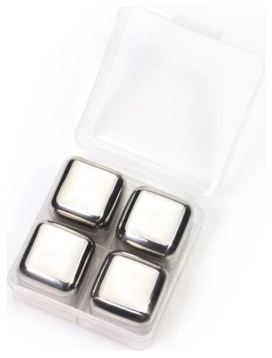 

Happy2Buy Stainless Steel Chilling Whiskey Stones Reusable Cooler with Freezer Storage Tray for cooling Whiskey Scotch Wine Beverage Juice Drinks (4 Pieces)