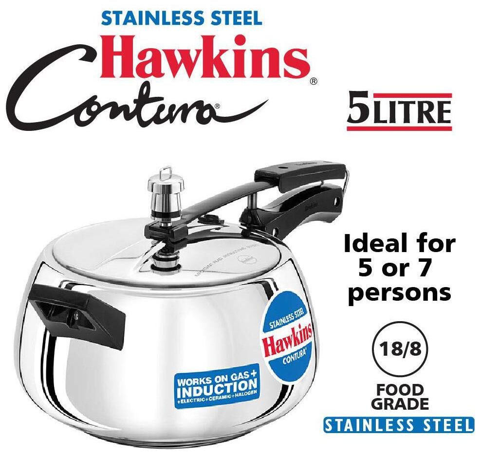 

Hawkins Contura Stainless Steel 5 L Induction Bottom Inner Lid Pressure Cooker - Set of 1