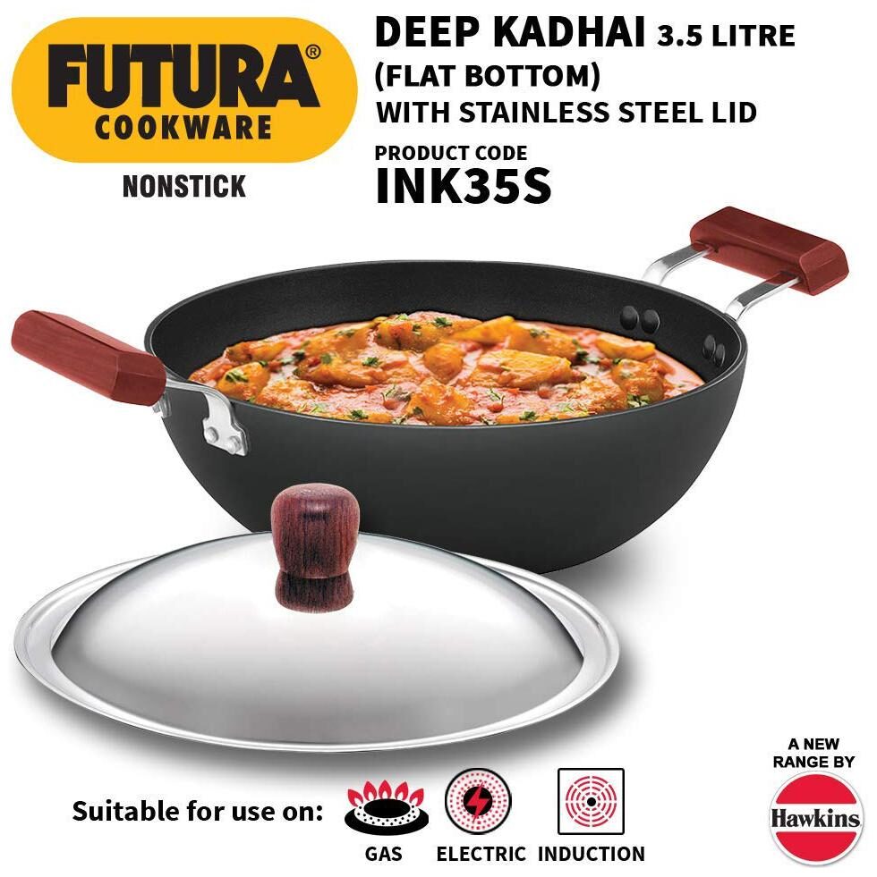 

Hawkins Futura Nonstick Induction Flat Bottom Kadhai (Deep-Fry Pan) with Stainless Steel Lid 3 5 L (INK35S)