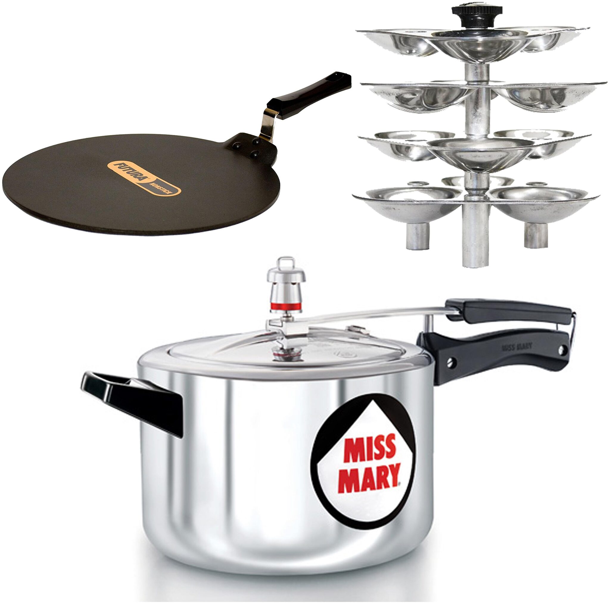 

Hawkins Miss Mary 5 L Pressure Cooker With Idli Stand For 5 L And Futura Nonstick Dosa Tava 33 Cm