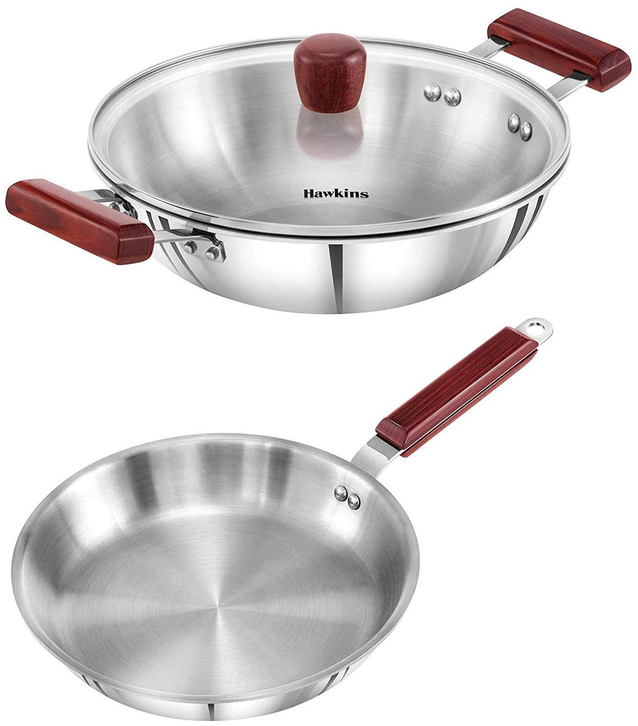 

Hawkins Triply 3 mm Stainless Steel Deep Fry Pan Kadhai 2 5 L with Lid and Frying Pan 26 cm