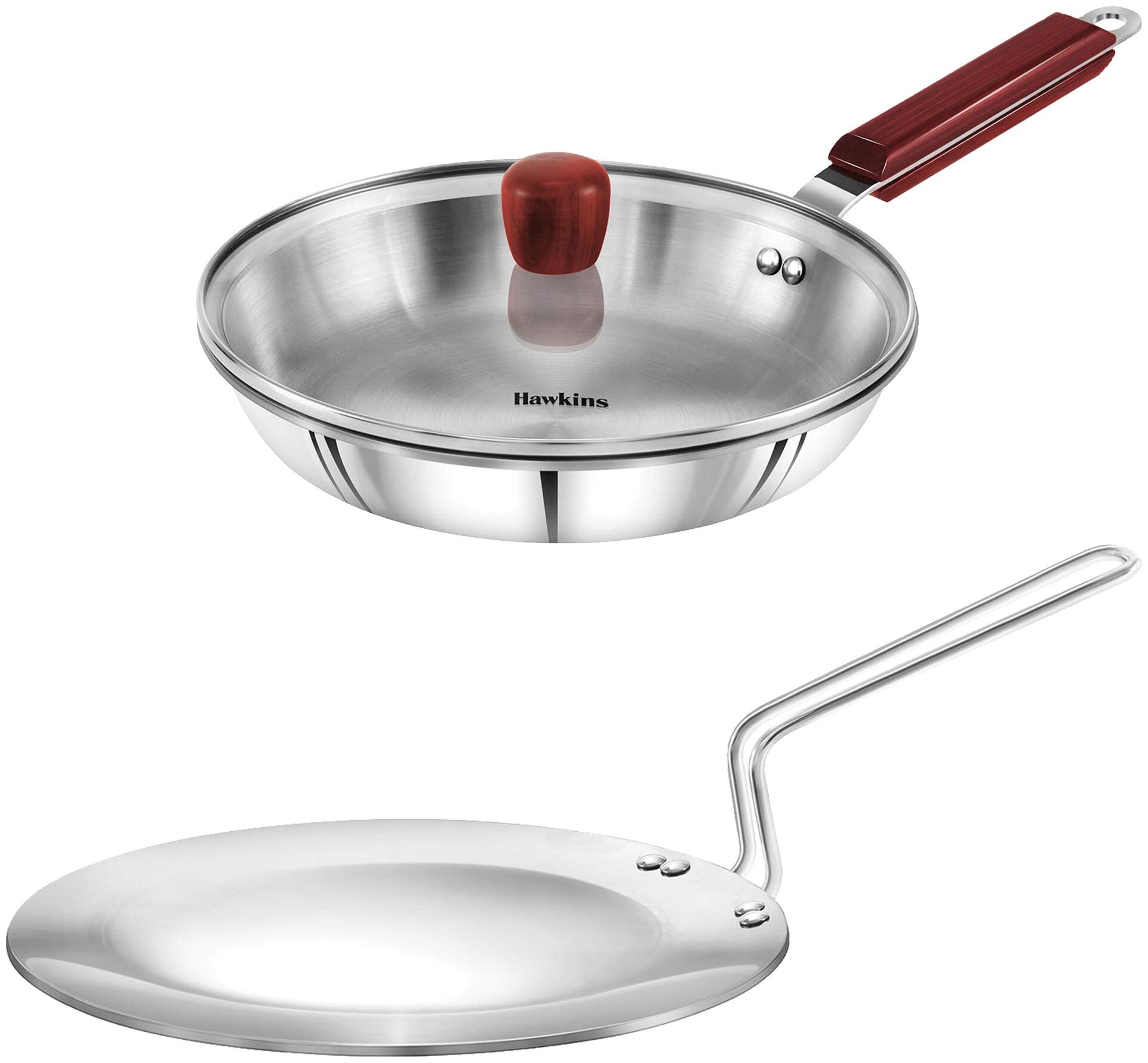 

Hawkins Triply 3 mm Extra-Thick Stainless Steel Tawa 22 cm and Frying Pan 22 cm with Lid