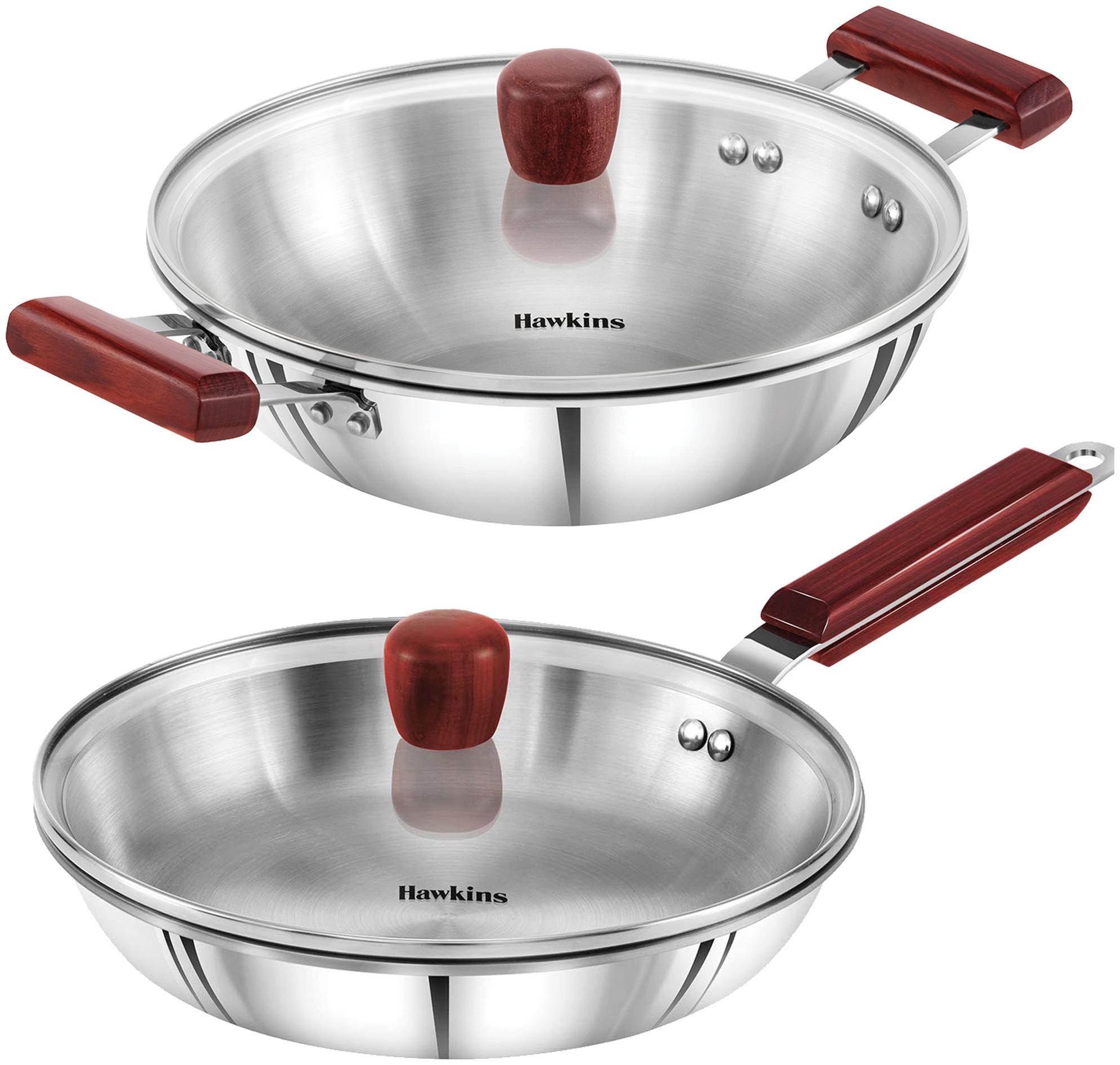 

Hawkins Triply 3 mm Extra-Thick Stainless Steel Frying Pan 22 cm with Lid and Kadhai 1 5 Lwith Lid