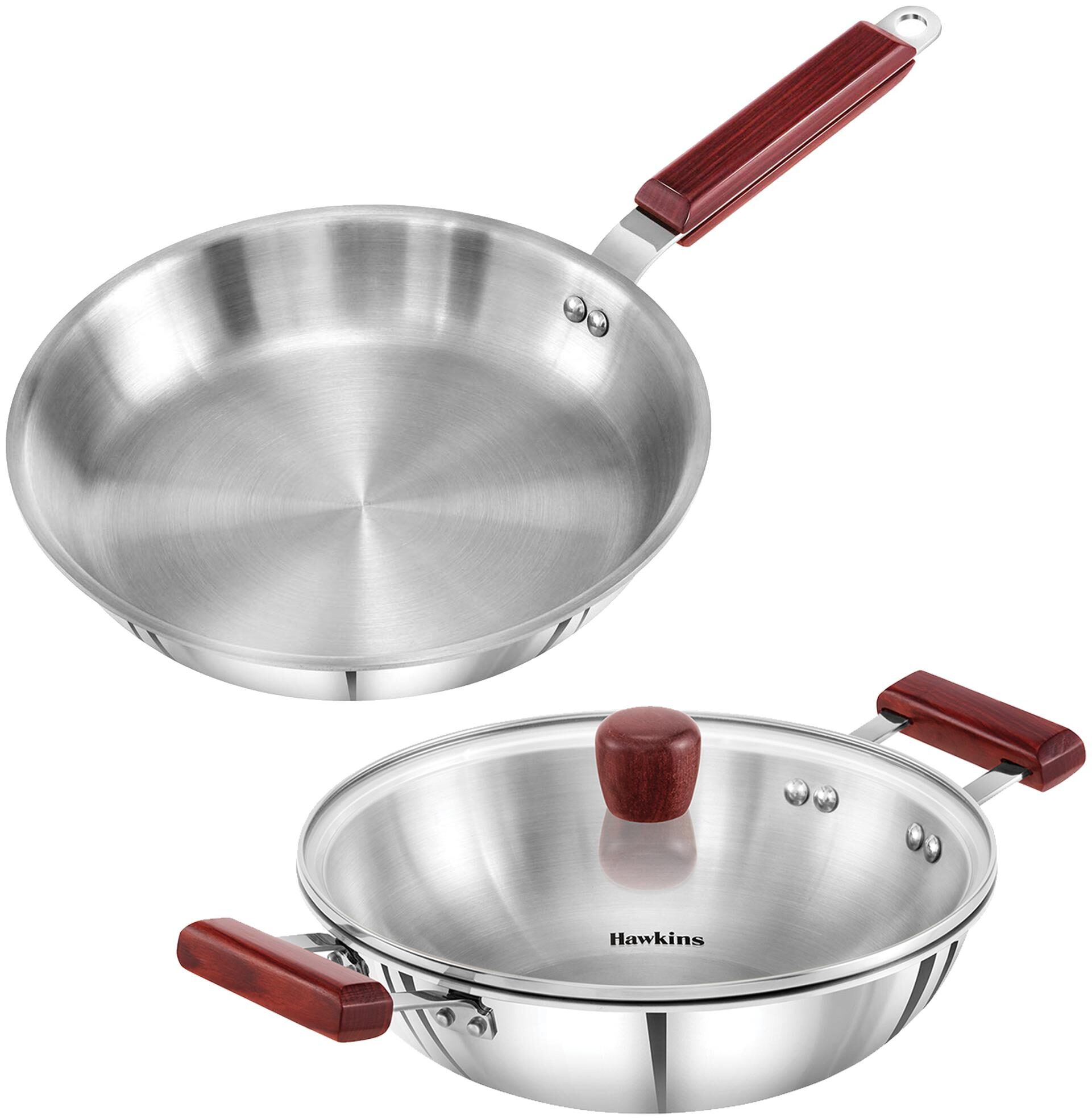 

Hawkins Triply 3 Mm Extra-Thick Stainless Steel Frying Pan 26 Cm Without Lid And Kadhai 2 5 L With Lid
