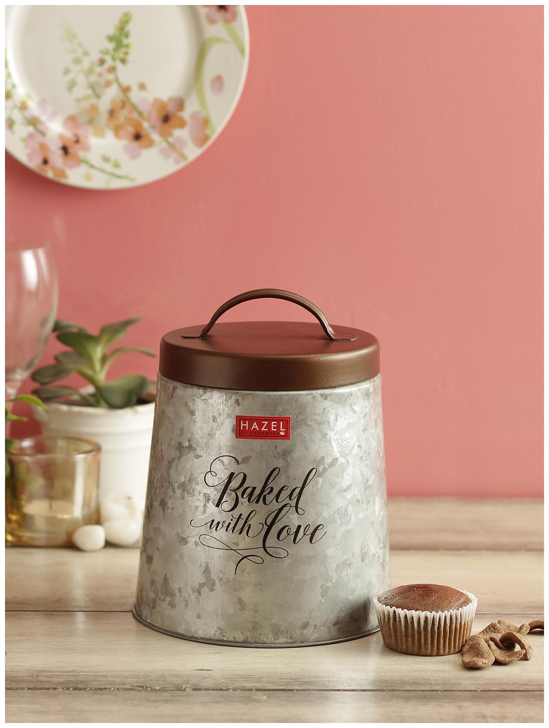 

Hazel Round Acid Wash Finish Conical Canister With Bronze Lid Storage Cannister Container 2250ml