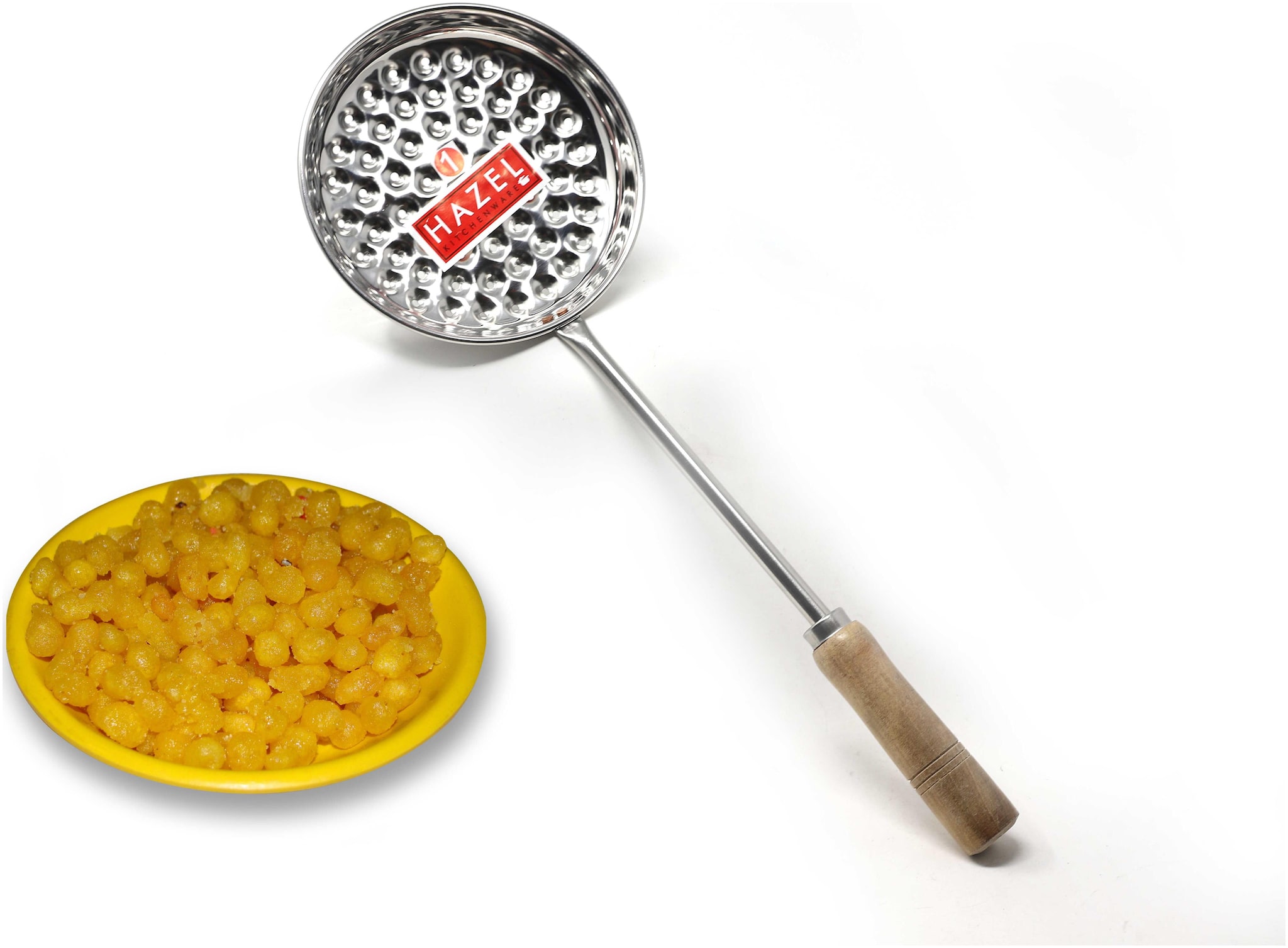 

Hazel Stainless Steel Small Bundi Jhara with Wooden Handle for firm Grip