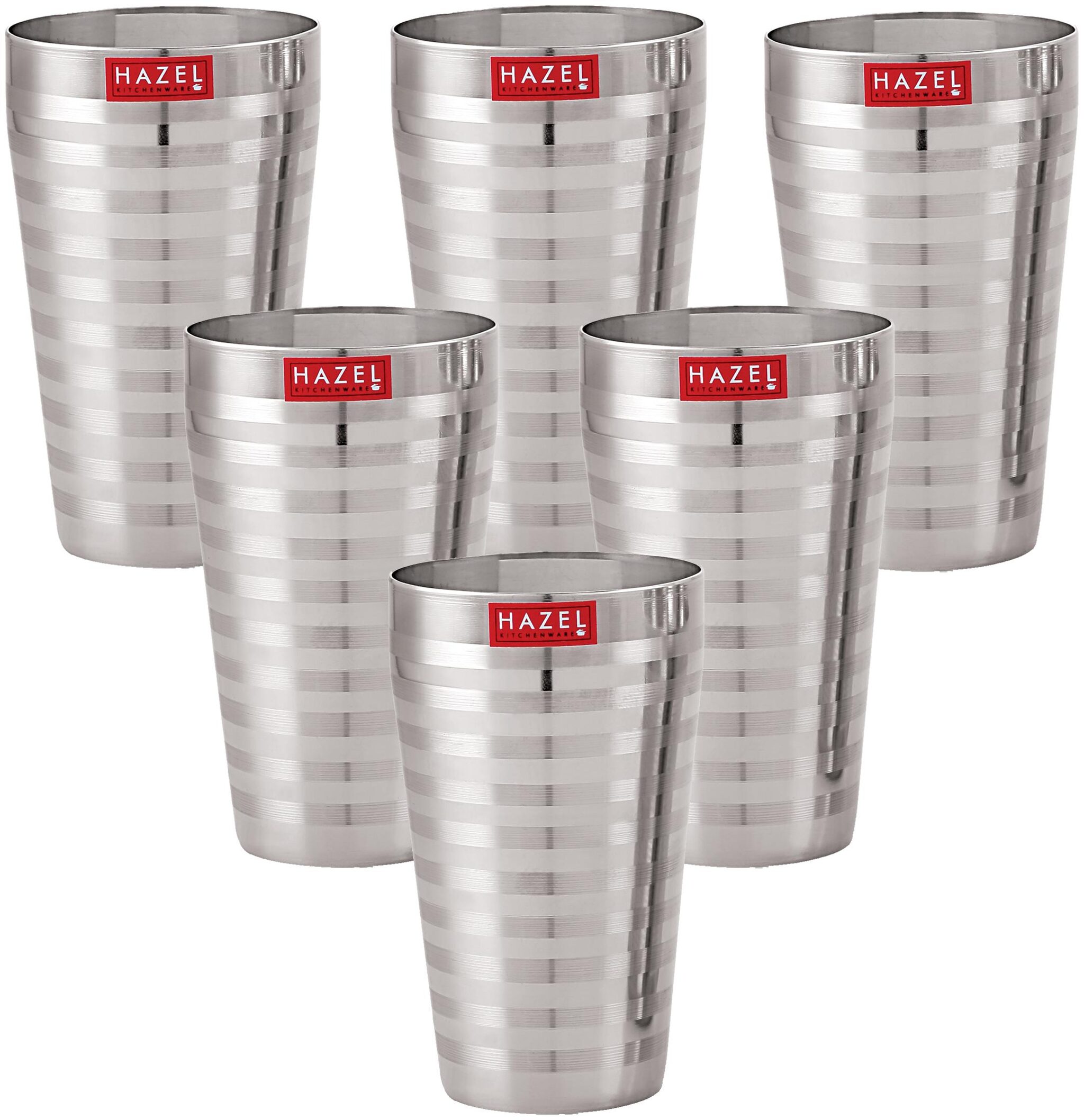 

Hazel Stainless Steel Stripped Design Traditional Shape Jumbo Water Lassi Glass Set of 6 750 ML Each