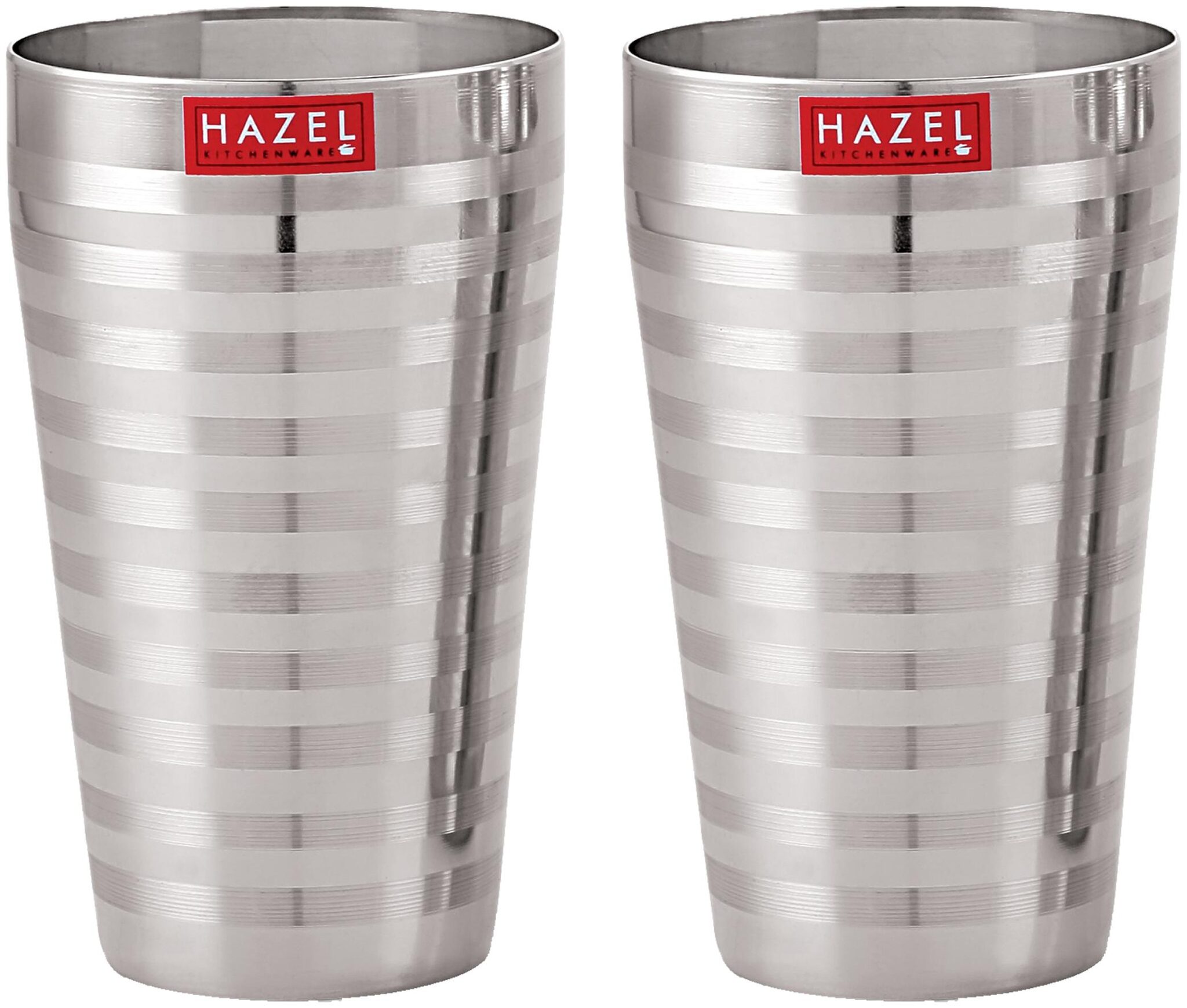 

Hazel Stainless Steel Stripped Design Traditional Shape Jumbo Water Lassi Glass Set of 2 750 ML Each