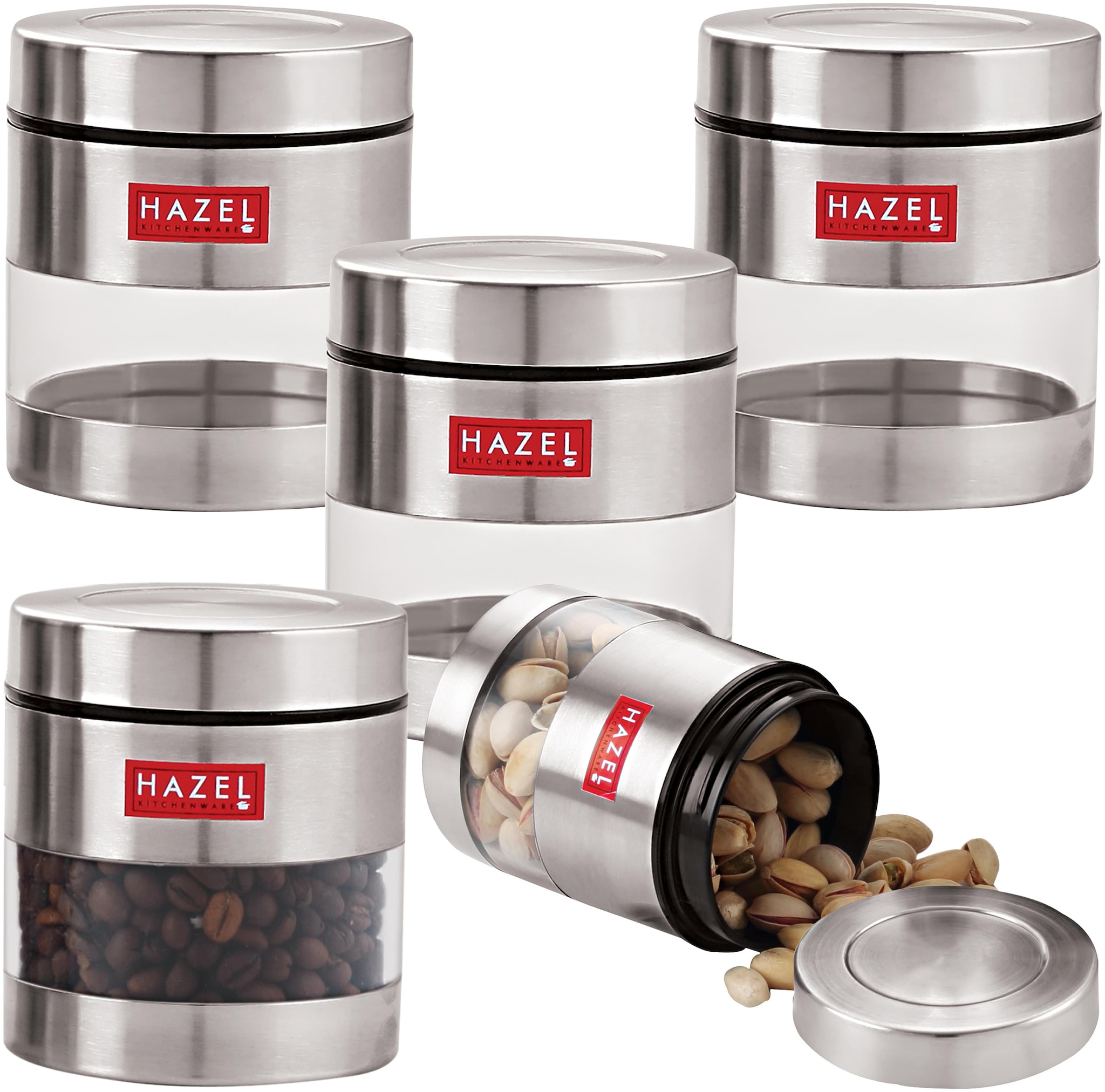 

Hazel Stainless Steel Transparent See Through Container Set Of 5 Silver 350 ml Each