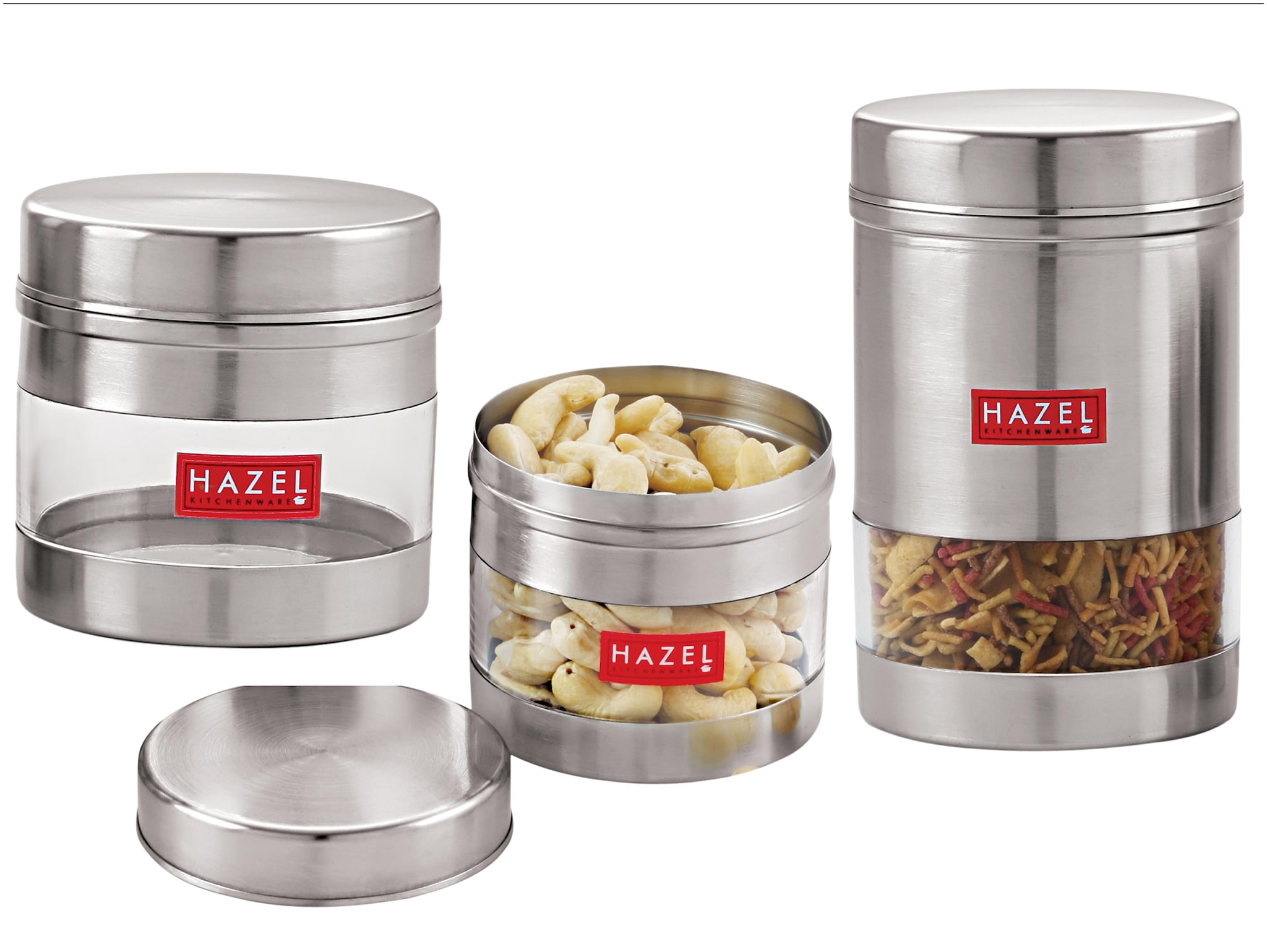 

Hazel Stainless Steel Transparent See Through Container Set Of 3 Silver 300 ml - 600 ml Each
