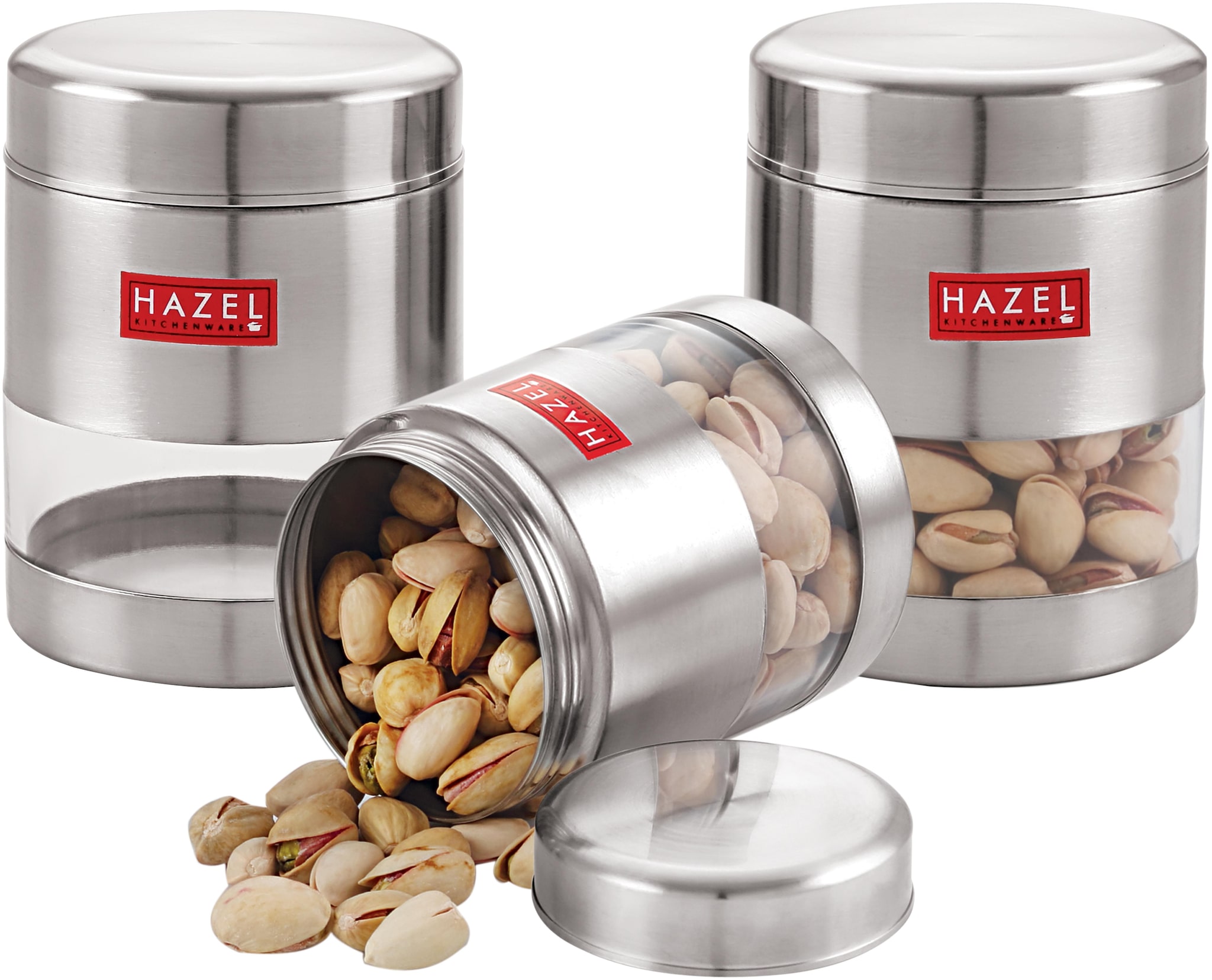 

HAZEL Stainless Steel Transparent Matt Finish See Through Container Silver Set Of 3 400 ml