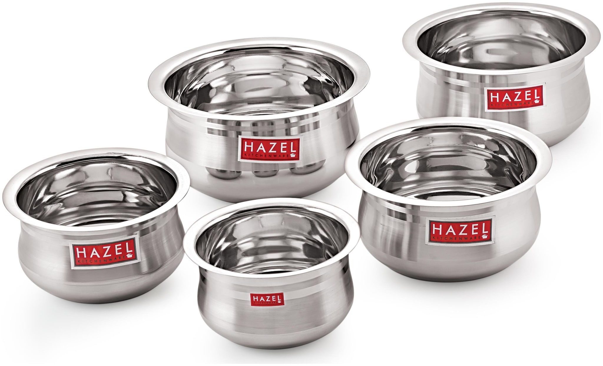 

HAZEL Stainless Steel Flat Bottom Premium Unique Design Belly Patila Set of 5 pc 1 1 L to 3 75 L Silver