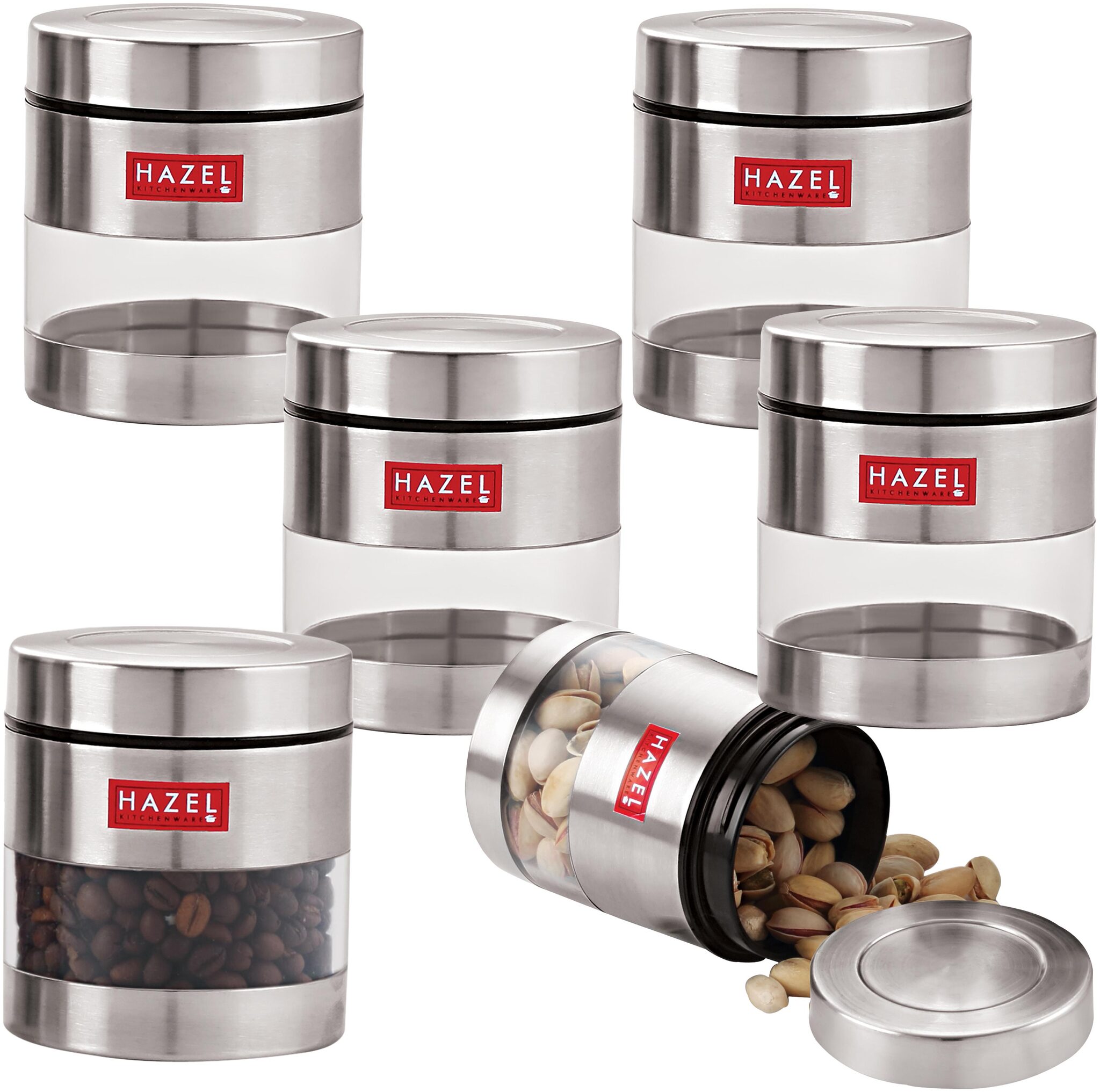 

Hazel Stainless Steel Transparent See Through Container Set Of 6 Silver 350 ml Each