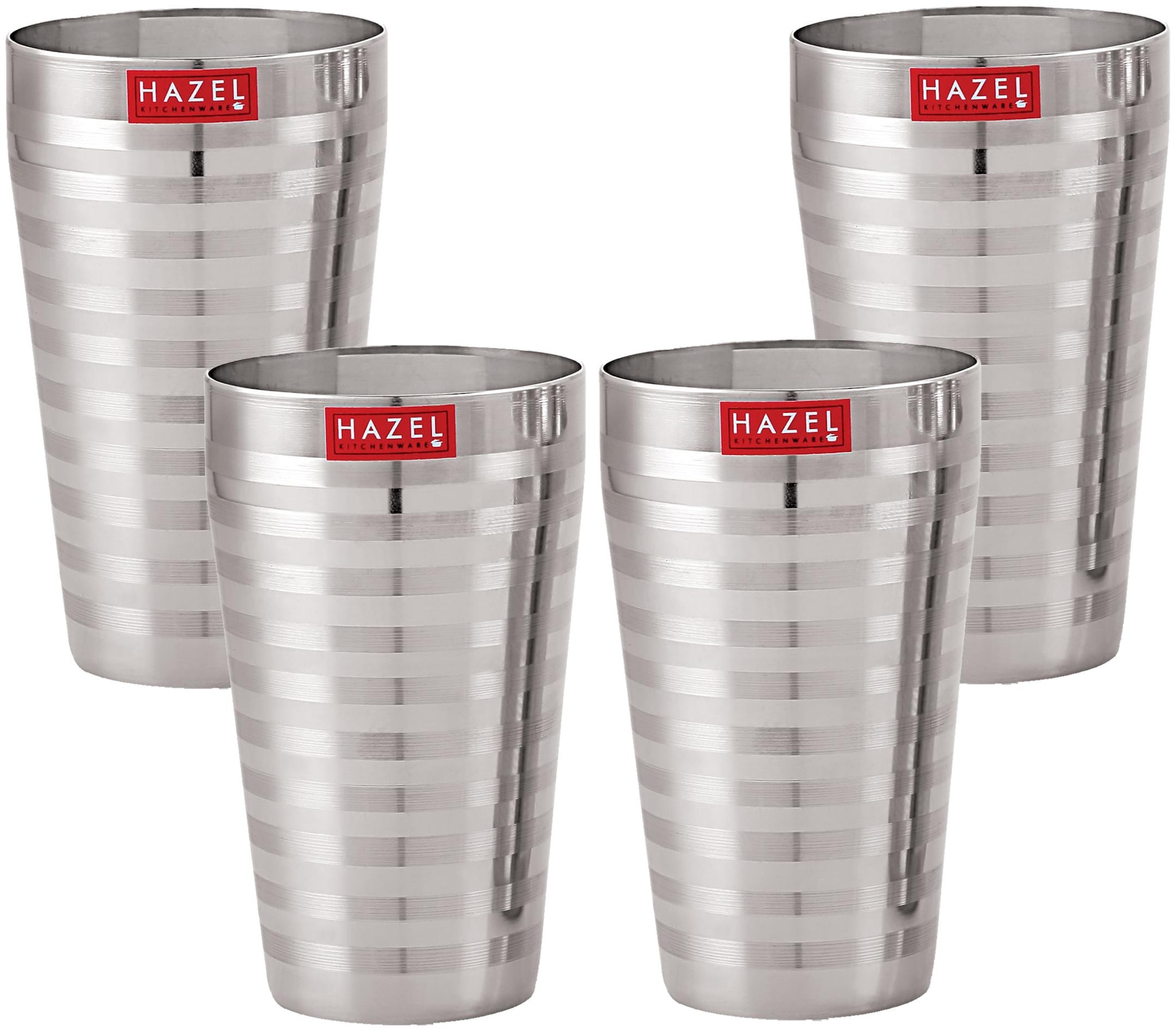 

Hazel Stainless Steel Stripped Design Traditional Shape Jumbo Water Lassi Glass Set of 4 750 ML Each