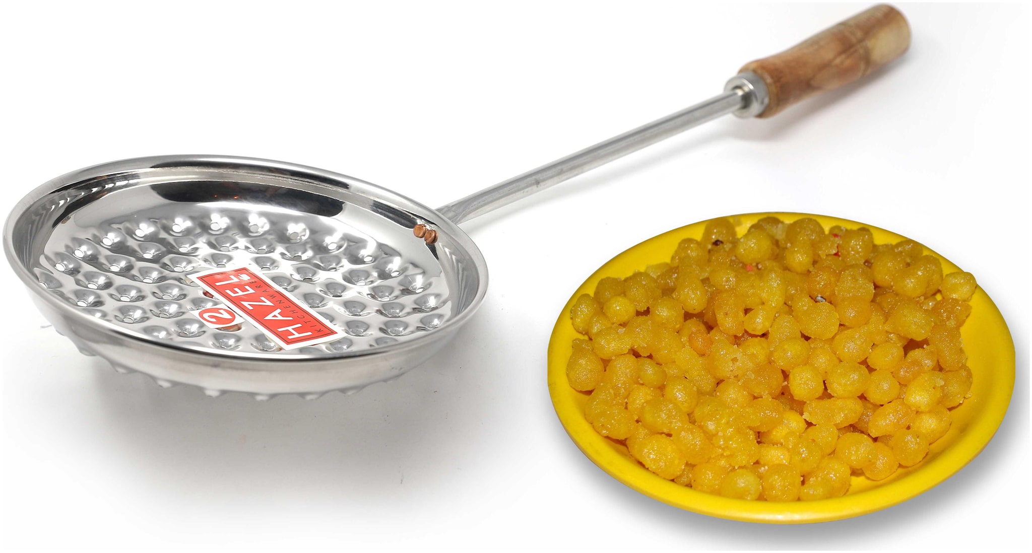 

Hazel Stainless Steel Medium Bundi Jhara with Wooden Handle for firm Grip