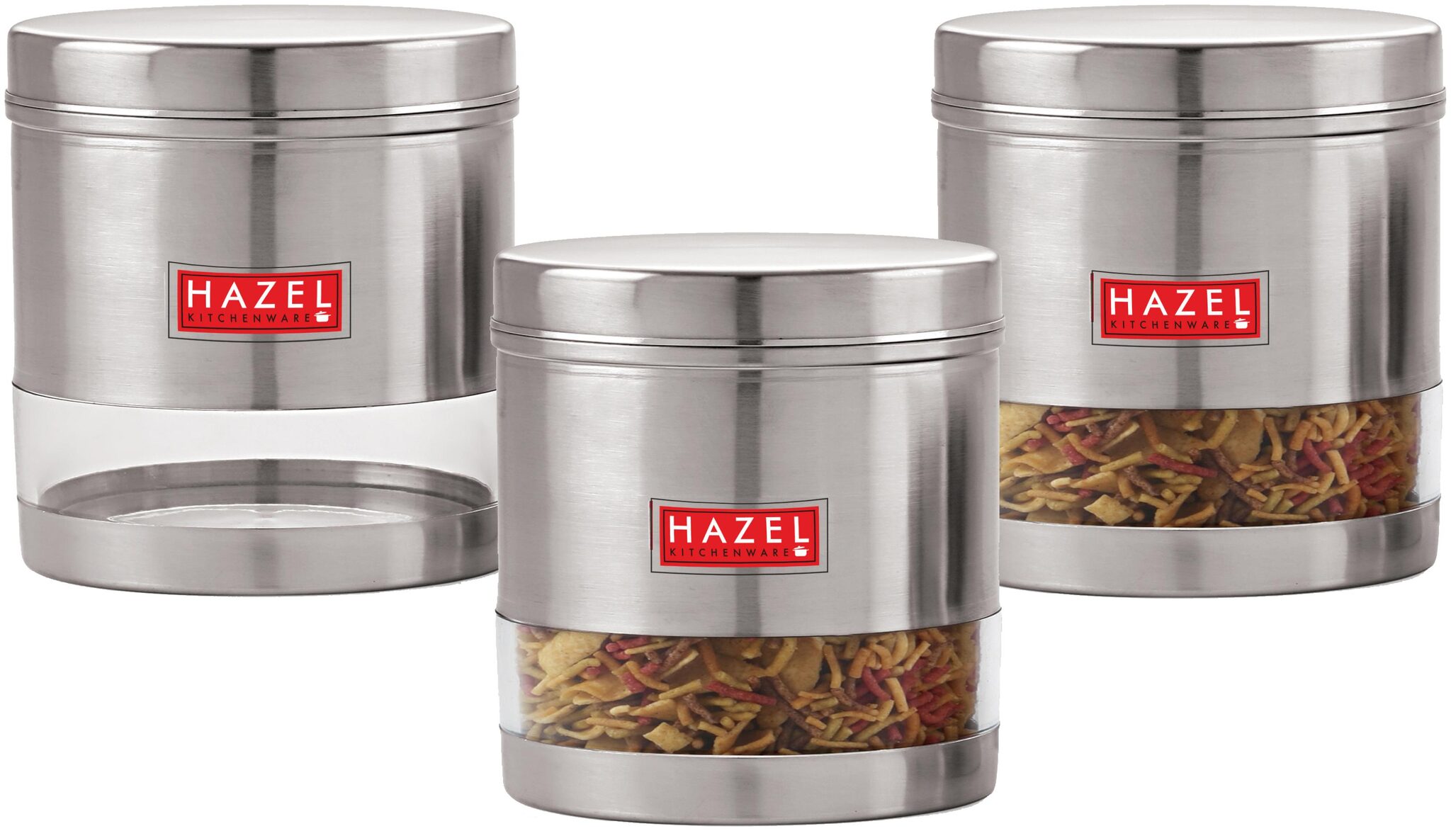 

HAZEL Stainless Steel Transparent Wide Mouth See Through Container Silver Set Of 3 700 ml