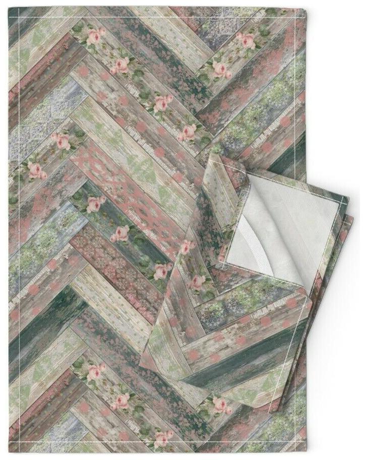 

Herringbone Rustic Floral Wood Linen Cotton Tea Towels by Roostery Set of 2