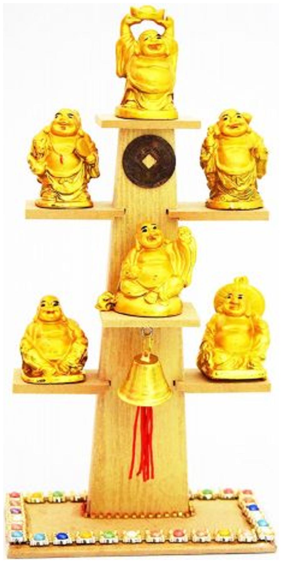 

HK - Energized - 6 Assorted Golden Laughing Buddhas on Beautiful Stand For Purse Free