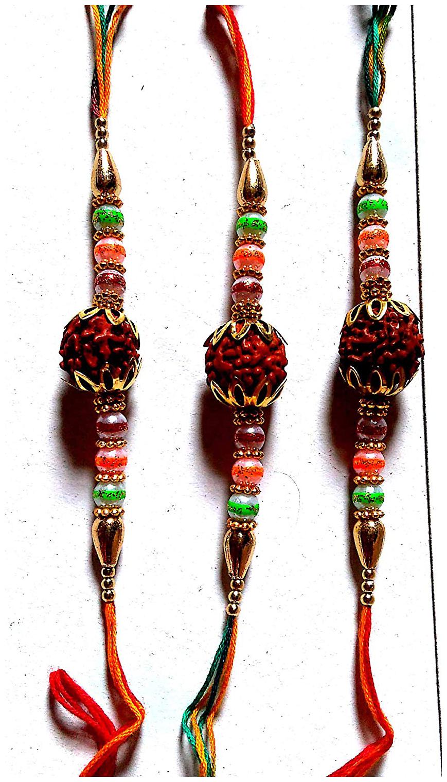 

HMS-PRO Handmade Multicolored Big Rudraksh Rakhi Set of 3 pcs