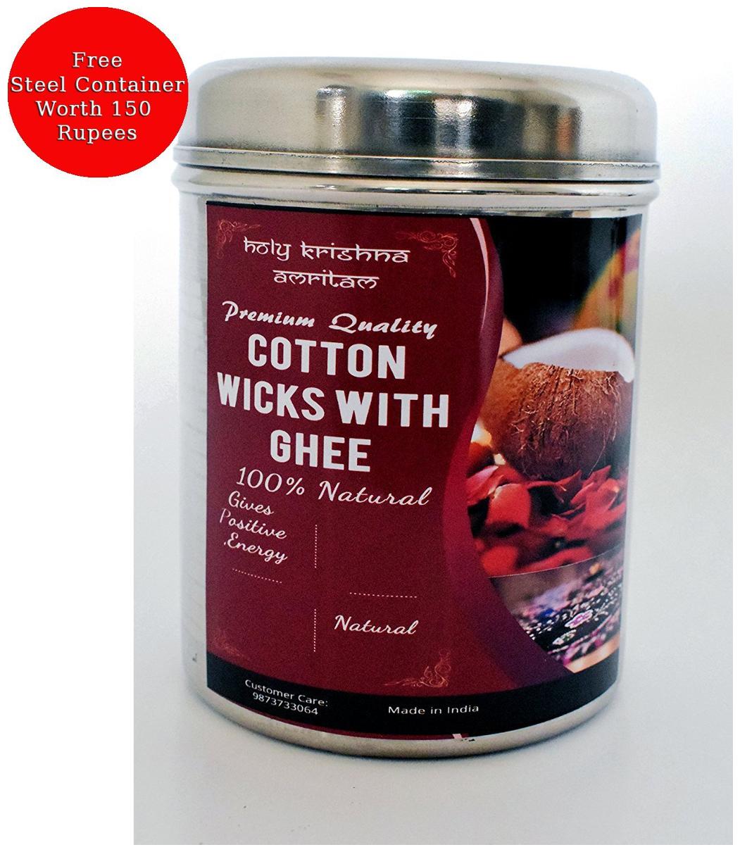 

Holy Krishna s - Cotton wicks with Indian Holy Cow Ghee in Steel Can - Pure White Premium Quality Diya Batti -- 250 Piece