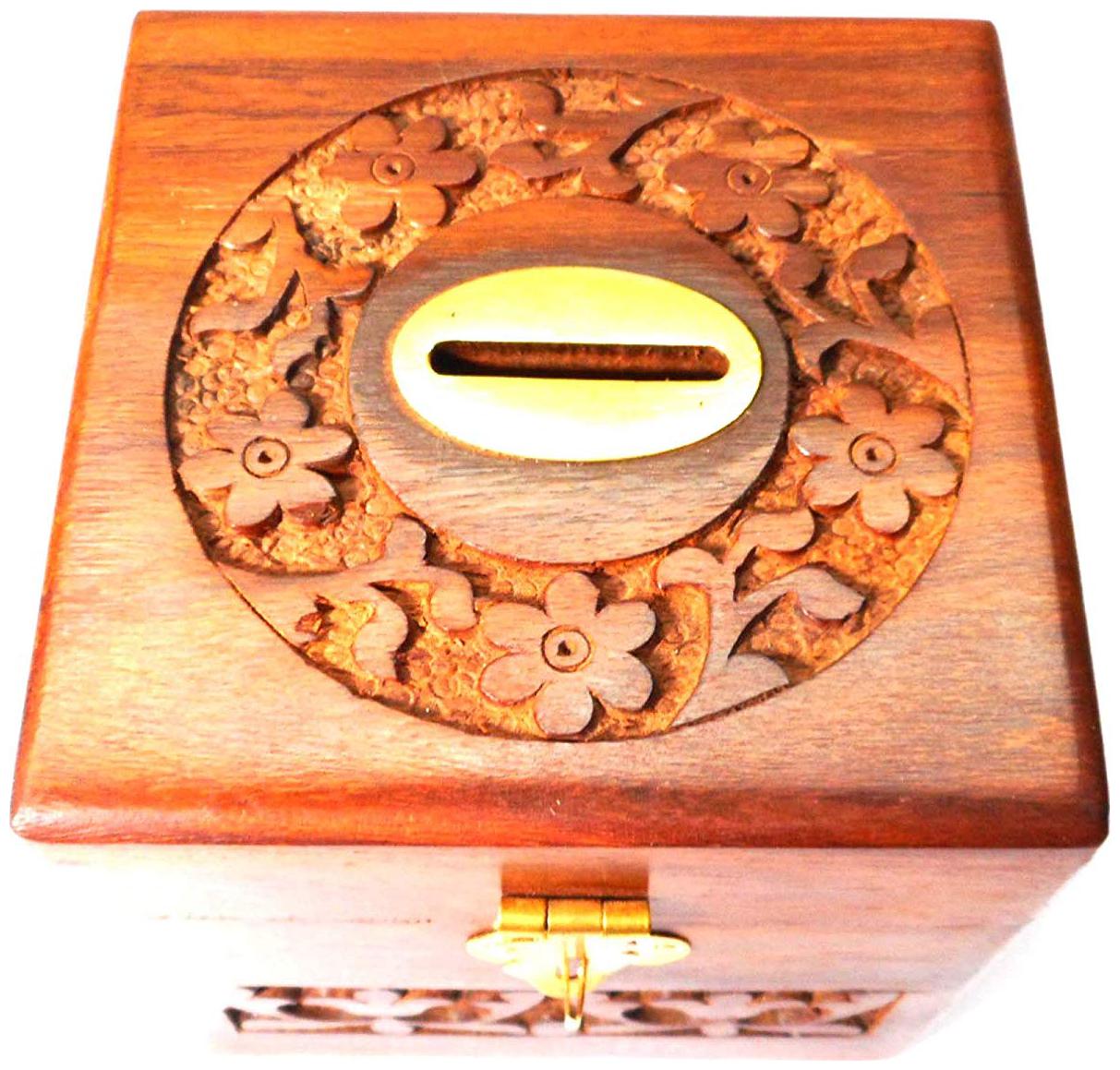 

Holy Ratna Carving Handmade Wooden Money Bank Piggy Bank Coin Box Size 4 inch