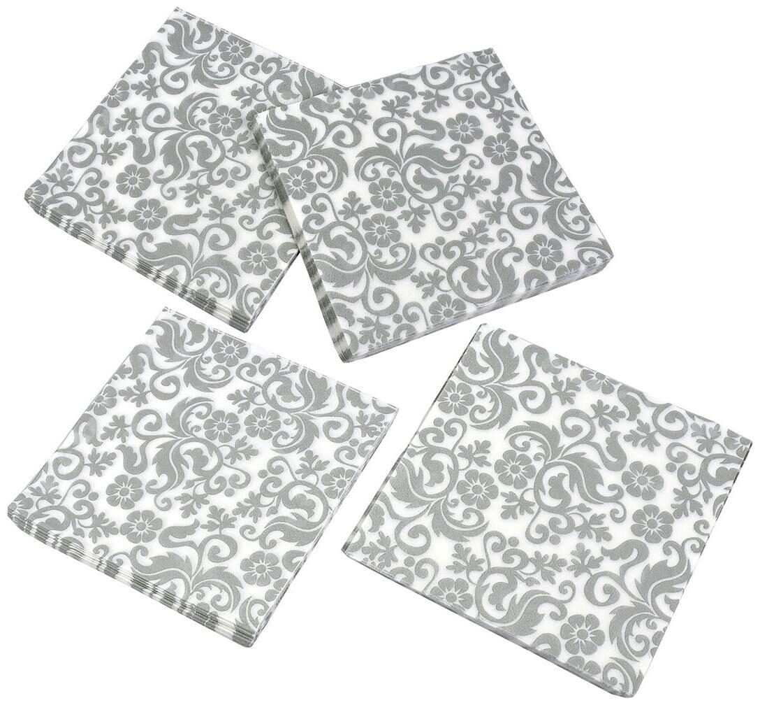 

Home-EZ 2 Ply Printed Paper Napkins SRD Silver 4 pcks - Total 80 Napkins - Small Size 12cm x 12cm