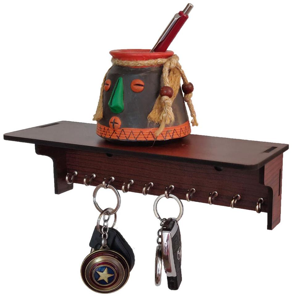 

Home Sparkle Wooden Shelf Key Holder For Office Home Living Room With 10 Key Hooks (Brown)