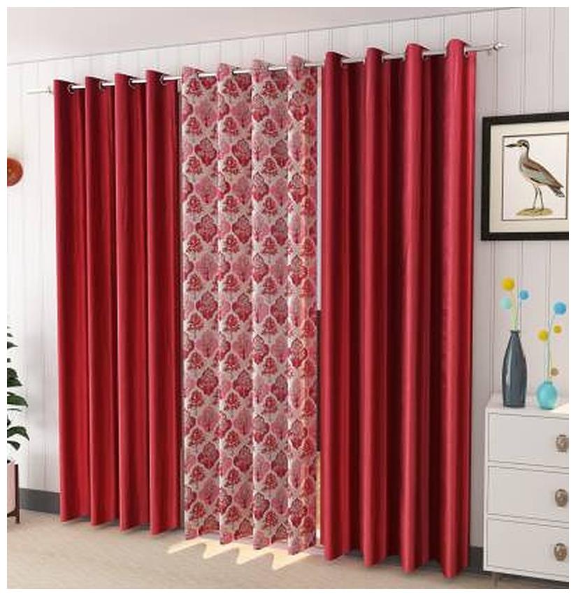 

HOMECRUST Polyester Door Semi Transparent Red Regular Curtain ( Eyelet Closure Printed )