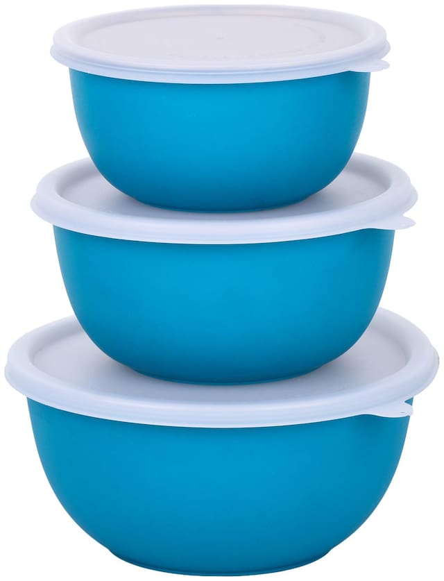 Homeish Microwave Safe Stainless Steel Plastic Coated Bowls with Lid - Set of 3 - Blue (14;18 and 18cms)