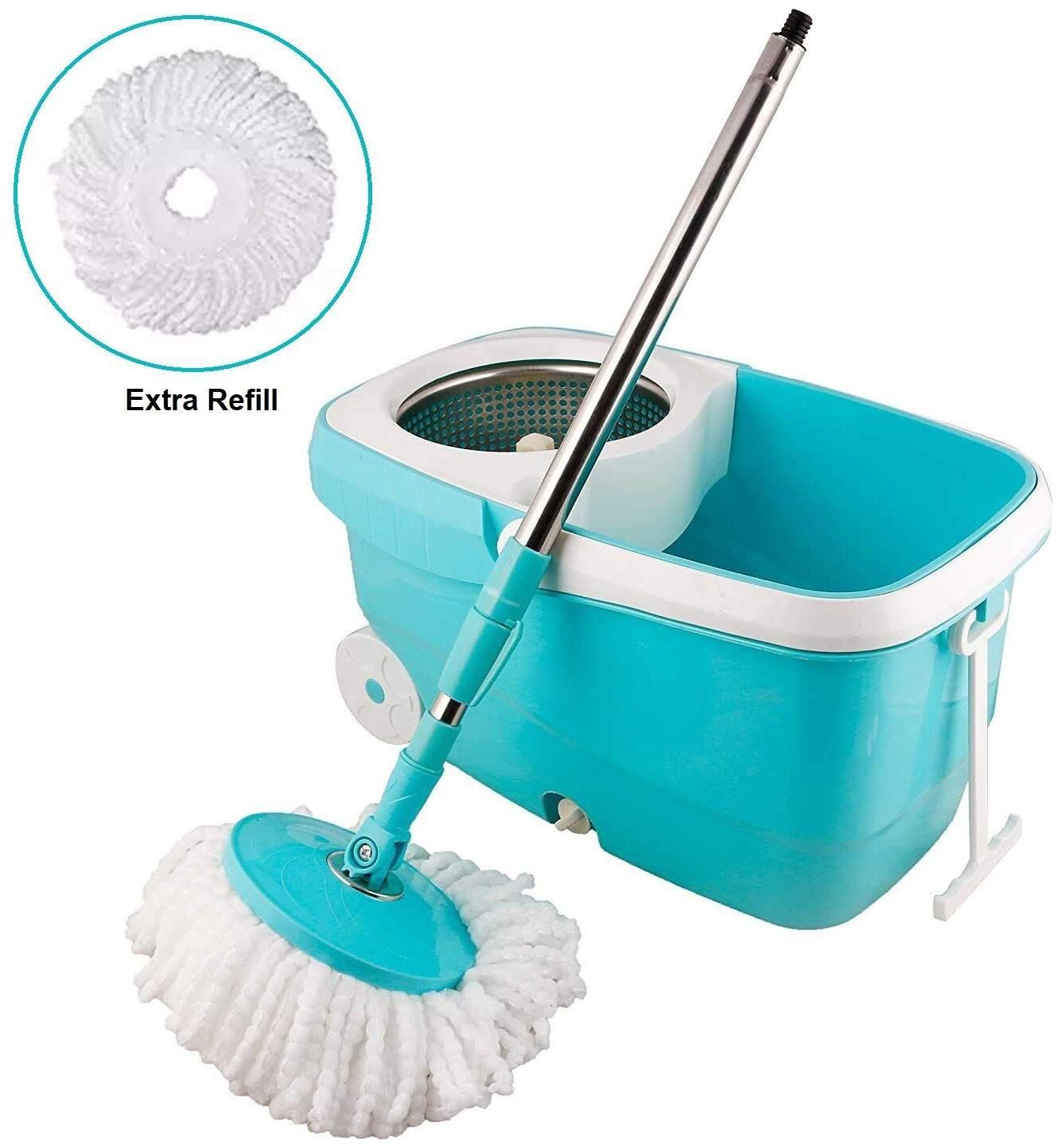 

Homfine 360 Degree Spin Bucket Mop with Stainless Steel Spinner Big Wheels Two Refill for Cleaning All Kind of Floors (Set of 1 Blue)