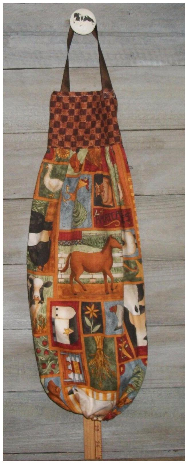 

Horse Cow Farm Patchwork Sampler Prim Plastic Grocery Bag Rag Sock Holder