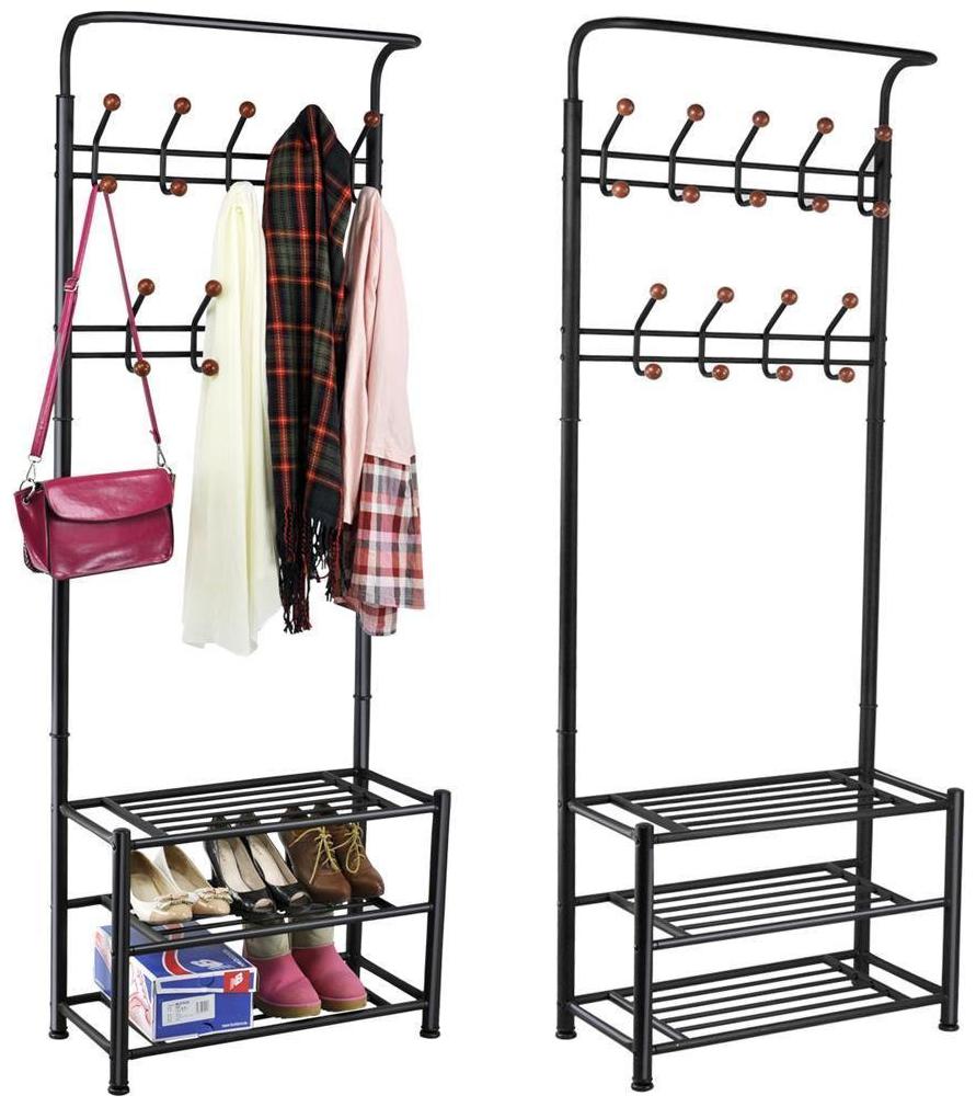 

House Of Quirk 18 Hooks Coat Rack With 3-Tier Shoe Rack Shelves - Metal Black