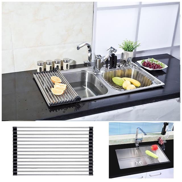 House of Quirk Stainless Steel Fruit Vegetable Dish Roll-Up Over Sink Kitchen Foldable Drying Drainer, Color May Vary