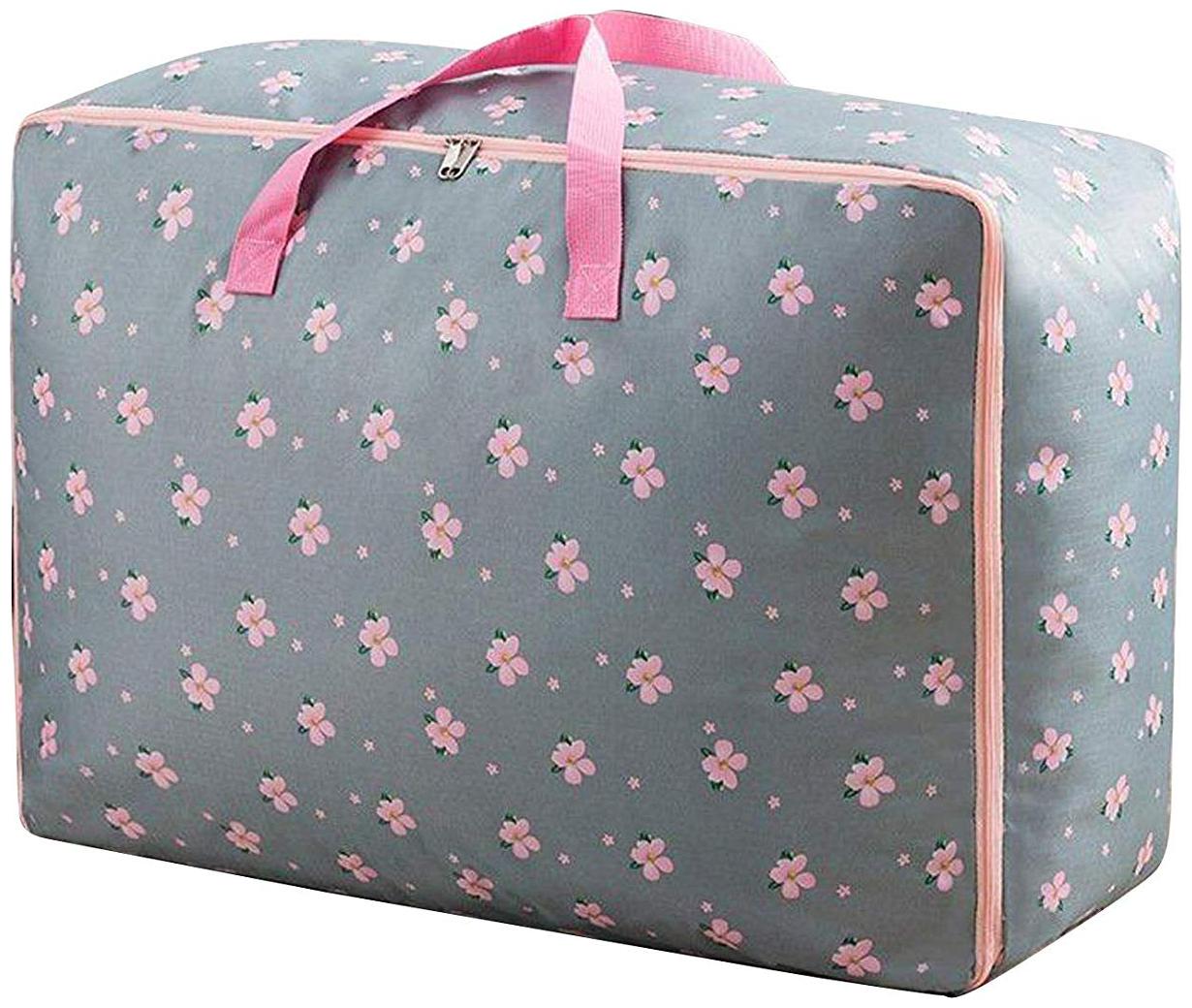 

House of Quirk Extra Large Oversized Handy Storage Bag Heavy Duty Travel Luggage Caddy Organizer Laundry Bags Duffel Space Saver with Web Handles for Quilt Beddings Blanket - Grey Flower