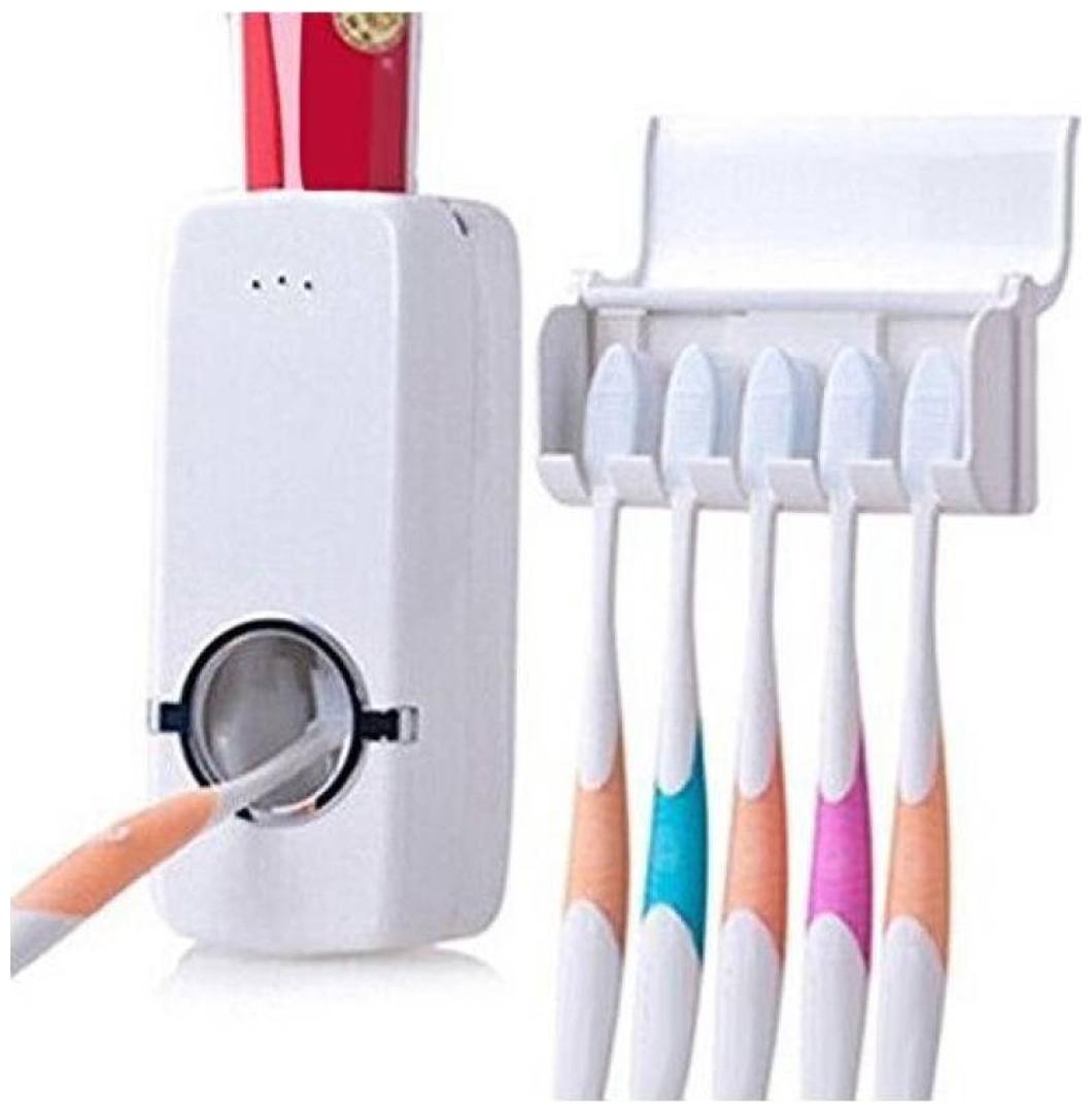 

IBS Automatic Toothpaste Dispenser And Tooth Brush Holder Set Plastic Toothbrush Holder (White Wall Mount)EA0101
