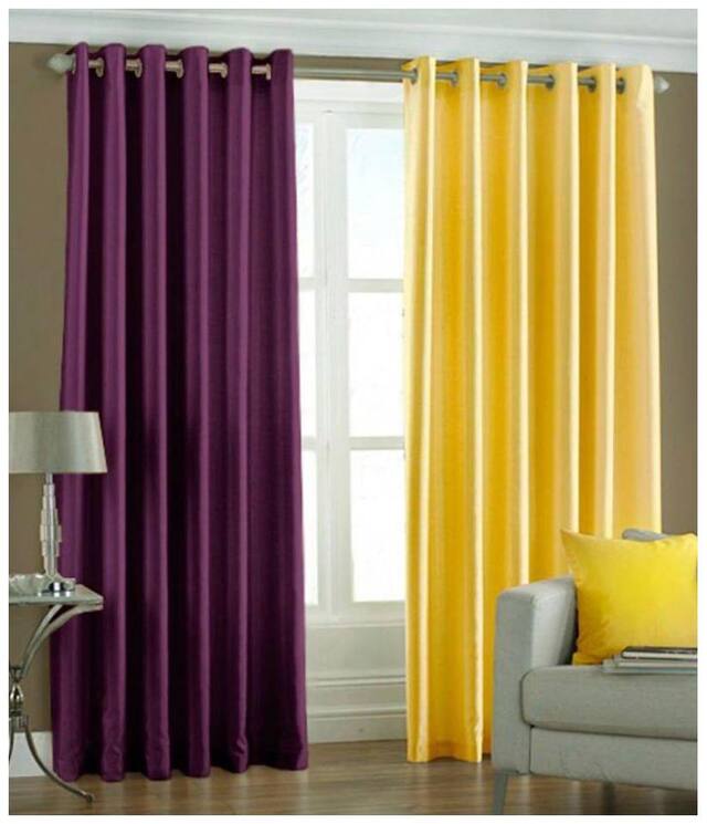 IDOLESHOP Polyester Purple,  Yellow Plain Door Curtains (7 ft in Height, Pack of 2)