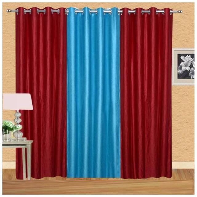 IDOLESHOP Polyester Red, Blue Plain Long Door Curtains (9 ft in Height, Pack of 3)