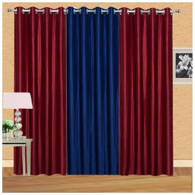 IDOLESHOP Polyester Brown, Navy Blue Plain Long Door Curtains (9 ft in Height, Pack of 3)