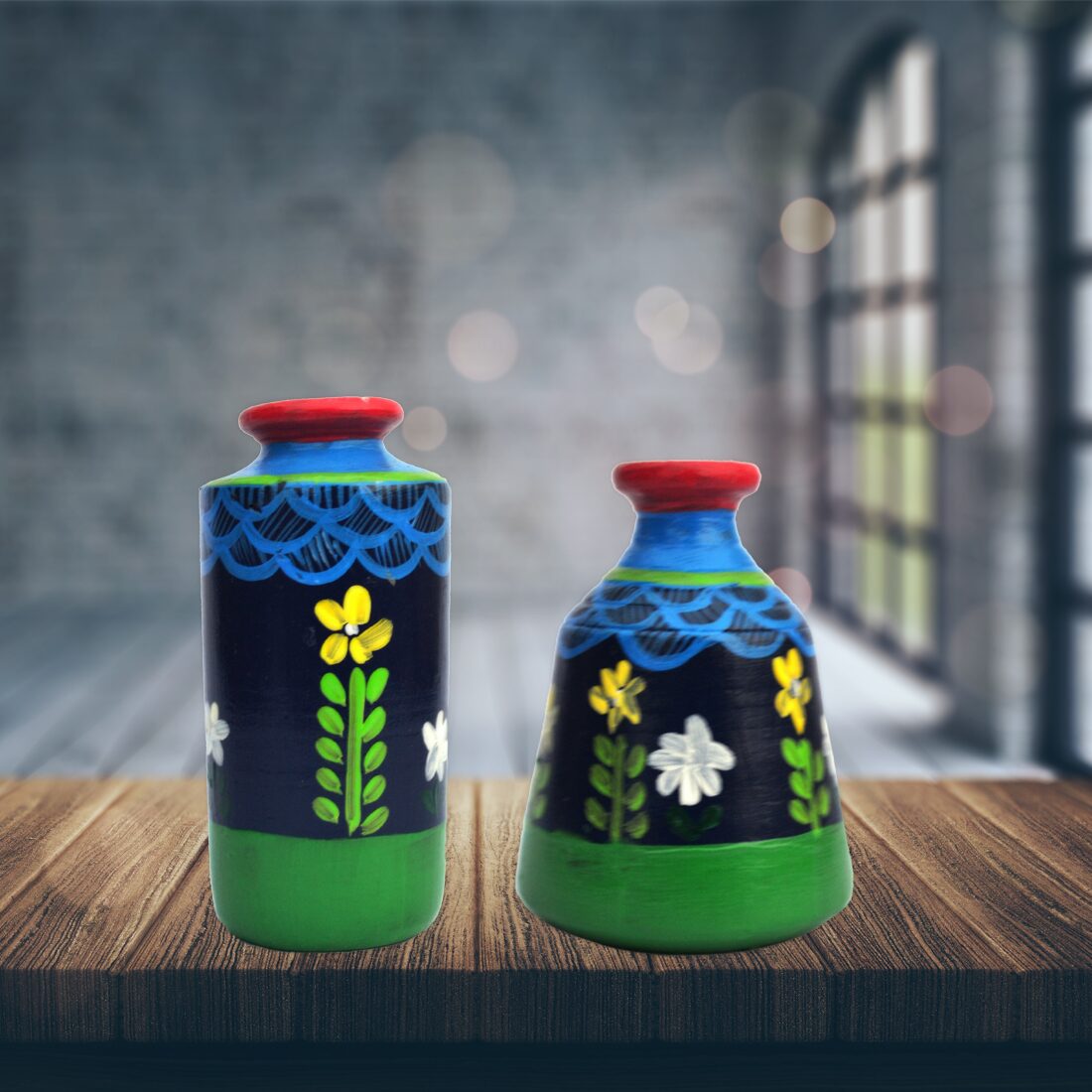 

iHandikart Handicraft Terracotta Table Pots with Handpainted Warli Painting Madhubani Painting (4 inches Pack of 2) IHK7016-15