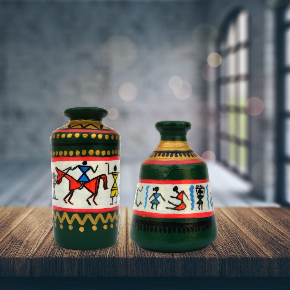 

iHandikart Handicraft Terracotta Table Pots with Handpainted Warli Painting Madhubani Painting (4 inches Pack of 2) IHK7009-15