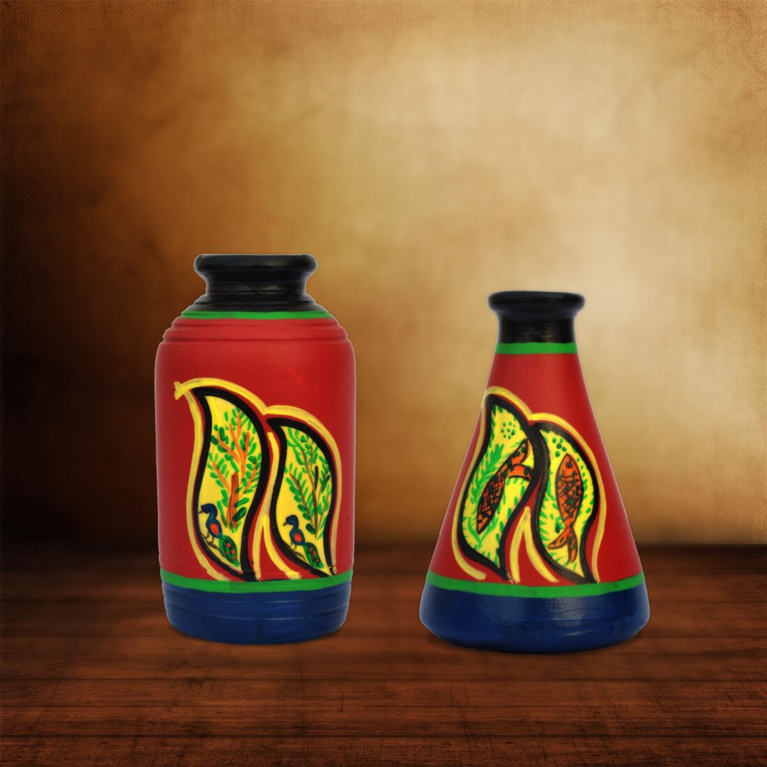 

iHandikart Handicraft Terracotta Table Pots with Handpainted Warli Painting Madhubani Painting (4 inches Pack of 2) IHK7005-11