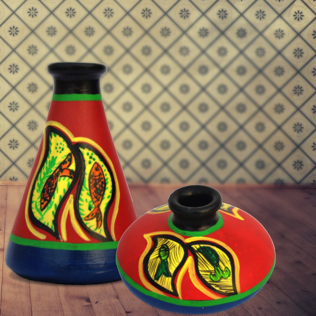 

iHandikart Handicraft Terracotta Table Pots with Handpainted Warli Painting Madhubani Painting (4 inches Pack of 2) IHK7005-13